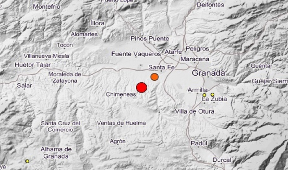 Mapa del IGN con el epicentro de los terremotos registrados en Granada.